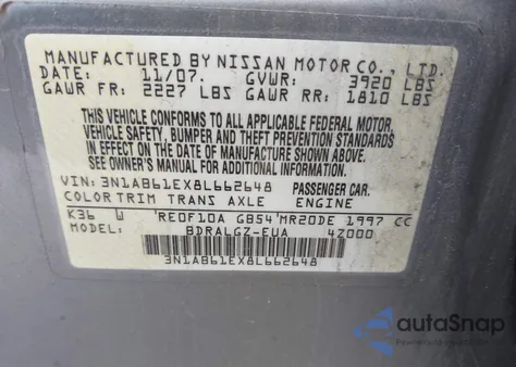 2008 Nissan Sentra 2.0Sl z USA, uszkodzony, nr VIN 3N1AB61EX8L662648